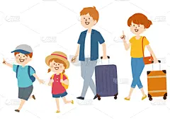 绘画插图,家庭,矢量,旅途,母亲,手提箱,父亲,儿童,休闲活动,夏天