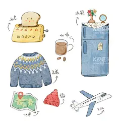 衣食住行手绘图  - 源文件下载【酷图网】衣,食,住,行,衣食住行,手绘图,冰箱,飞机,杯子,帽子,毛衣