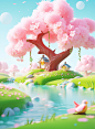the small tree has a pink bow, in the style of soft, dreamy landscapes, 8k 3d, flower and nature motifs, cute and colorful, pastoral scenes, water and land fusion, bright backgrounds