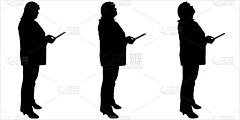 三个黑色剪影孤立在白色背景上。一个女人手里拿着一份文件，一个平板电脑，一个小设备。侧视图。穿着西装拿