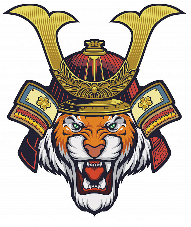 老虎日本武士武将头盔面具插画矢量图素材