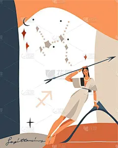 手绘矢量抽象图库简单星象学天文插画艺术与现代，拼贴艺术当代版画模板的波西奥星座星座射手座与女性性格。