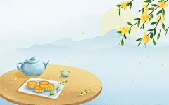 中秋插画桂花月饼月亮风景古风月圆月桂手绘节日背景中秋节