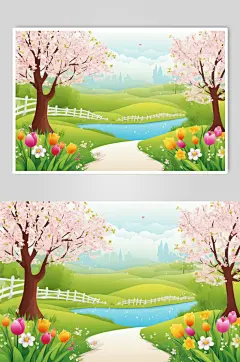 AI数字艺术春季春天风景插画背景图