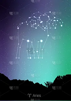 白羊座星座与森林景观剪影在美丽的星空与银河和空间后面。白羊座的星座符号在深宇宙背景上。名片设计