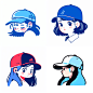 cute cartoon girl in baseball cap, adorable, blue, avatar, thick black line drawing, graphic character design, bold color contrast, simplified and stylized, frontal, head close-up, white background, minimalism, concise, doodle, flat vector illustration, b