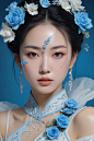  close-up,portrait,Line art,splatter,minimalist elegance,beautiful blue enchantress rose fairy,Tang Dynasty royal face ancient style beauty,high-definition fashion photography,high-end,ambiguous atmosphere,a woman with blue flowers on her face,in the styl