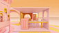 the interior of a doll house with pink furniture and accessories on display in front of an open door