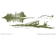 手绘古朴湖畔码头背景