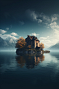 a house is in the middle of the lake in the mountains, in the style of 8k resolution, italian landscapes