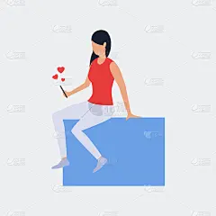 黑发女孩坐在蓝色的立方体上