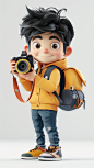 Cartoon young Chinese man with camera in hand, black hair, backpack, wearing long sleeves, 3D rendered model, happy expression, q figure, lovely figure, fashionable clothing, fresh colors, clean and simple design, in the style of detailed character design