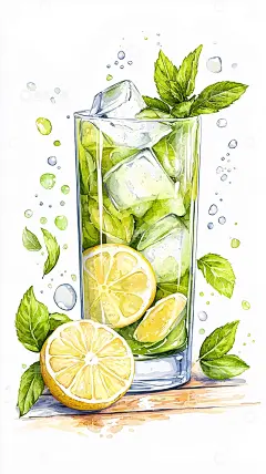 清新柠檬薄荷冰饮插画