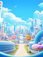 animated movie background screenshot 3, in the style of playful illustrative style, meticulous design, sky-blue, modern urban, contemporary candy-coated