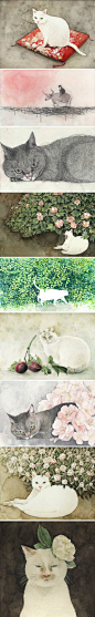 日本插画家山田绿 (Midori Yamada) 喜欢画猫，她笔下的喵星人总是慵懒怡然，摆着一副傲娇的可爱表情，慢吞吞地在花丛里走来走去，找一块最舒适的树荫来小憩。 #采集大赛# #插画#