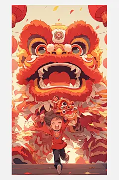 数字艺术新年插画舞狮插画新年风俗插画手绘-众图网