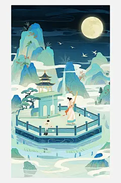 国潮中国风古风节气中秋山水插画