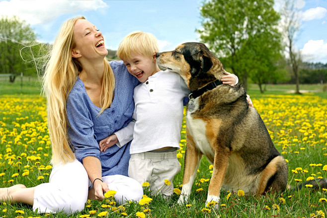 草地上玩耍的母子与宠物狗图片