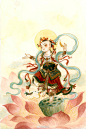 华严经入法界品-善财童子：为福城长者之子，于入胎及出生时，种种珍宝自然涌现，故称之为善财。其后受文殊师利菩萨之教诲，遍游南方诸国。先至可乐国参访功德云比丘，受念佛三昧门。继之，历访菩萨、比丘、比丘尼、优婆塞、优婆夷、童子、童女、夜天、仙人、天女、婆罗门、长者、医师、船师、国王、佛母、王妃、地神、树神等，听受种种法门，终至普贤菩萨道场，证入无生法界。普贤菩萨为其称赞如来胜妙功德，令其发十大愿，以此功德，回向往生西方极乐世界，以期圆满佛果。