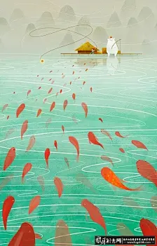 创意插画金鱼海报 池塘垂钓 锦鲤 红鲤鱼 钓鱼翁 垂钓 蓑衣 钓鱼竿 草船 竹筏 山水画