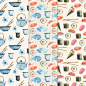 复古手绘水彩和风日本日系日式料理寿司食物背景图案图形包装纸张卡片袋喷印刷矢量素材图eps格式