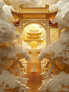 中国风金色宫殿阁楼建筑楼梯祥云梦幻场景海报背景midjourney关键词咒语-Ai宇宙吧-