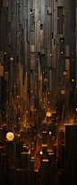 futuristic skyscraper city at night, inlaid wood in wood tones