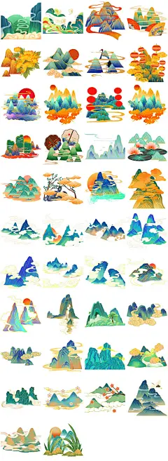 国潮风山水花鸟兽传统祥云装饰花纹插图插画元素设计免抠模板素材-淘宝网