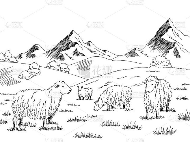 绵羊在山上的草地上吃草图形的黑白素描插图...