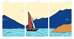明亮的颜色矢量插图。一套夏季设计海报。蓝泻湖，红帆游艇，高山。海岸，海边休息，远足。打印模板。
