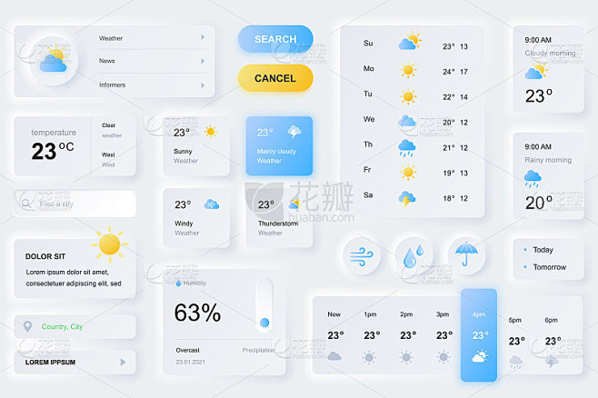 用户界面元素的天气预报移动应用程序。独特...