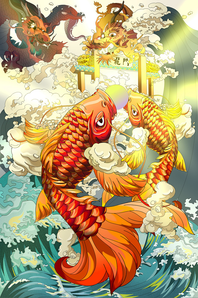 鲤鱼跃龙门_不羡仙的小道长__插画师作品...