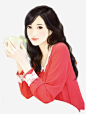 手绘喝茶美女-觅元素51yuansu.com 手绘插画