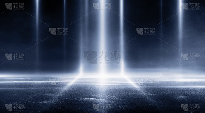 3D渲染抽象暗空场景蓝色霓虹灯探照灯光湿...