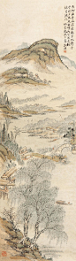 文徵明——《桃源帆影》【天外渔舟破浪痕，数竿帆影旁云根，夕阳照出峰如笏，应是桃源古洞门。倣李龙眠大意】人物山水 立轴欣赏 | 
明|文徵明(1470-1559)名壁字征明、征仲，号衡山居士，世称“文衡山”，诗文上与祝允明、唐寅、徐真卿并称“吴中四才子”。画史上与沈周、唐寅、仇英合称“吴门四家”。画从沈周。诗文画俱精，人称“四绝”全才。山水人物花卉等皆工。