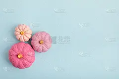 平铺着手工绘制的石膏南瓜和复制空间。秋季假期卡片模型