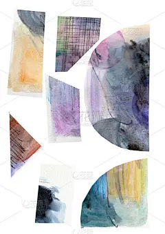 现代禅宗水彩渐变抽象几何拼贴组合流体几何纸裁剪图案构成。时尚的hygge 80年代复古主题插图贺卡艺