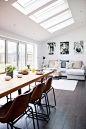 Industrial kitchen extension dining living rooflights with sofa and table: 