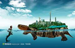 创意插画美人鱼海龟城市建筑