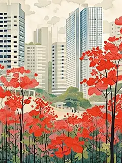平面插图深圳市木棉树上开满了红花水彩画海报