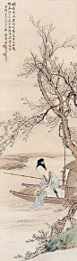 惆怅东风奈别何，黛痕照水敛双蛾。春波一尺花千点，珍重吴娘八幅罗。——清·费丹旭《仕女》
【图：清·潘振镛】
