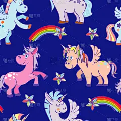 独角兽,蓝色,四方连续纹样,动物手,女孩,式样,可爱的,华丽的,自然美,绘制