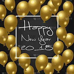 2018新年快乐气球。黑色背景，闪光框，金色，文字。贺卡概念，矢量插图。假日黑色豪华海报。艺术