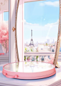 this mirror is displayed in a room with a big window, in the style of kawaii aesthetic, vignettes of paris, fujifilm eterna vivid 500t, coastal views, pink, photorealistic renderings, distinct stylistic range