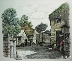 李蔷生《厦门鼓浪屿风景》钢笔淡彩作品