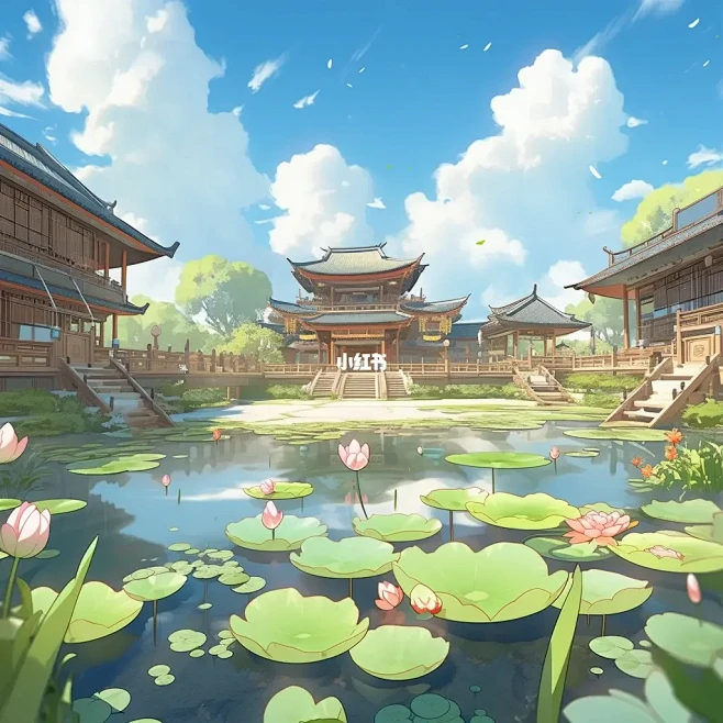 古风庭院场景插画-花瓣网