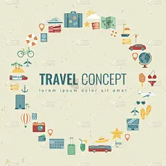 暑假背景与旅游图标。向量