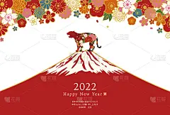 日本图案花朵剪影老虎红富士典雅豪华2022年元旦贺卡模板矢量插图(垂直)