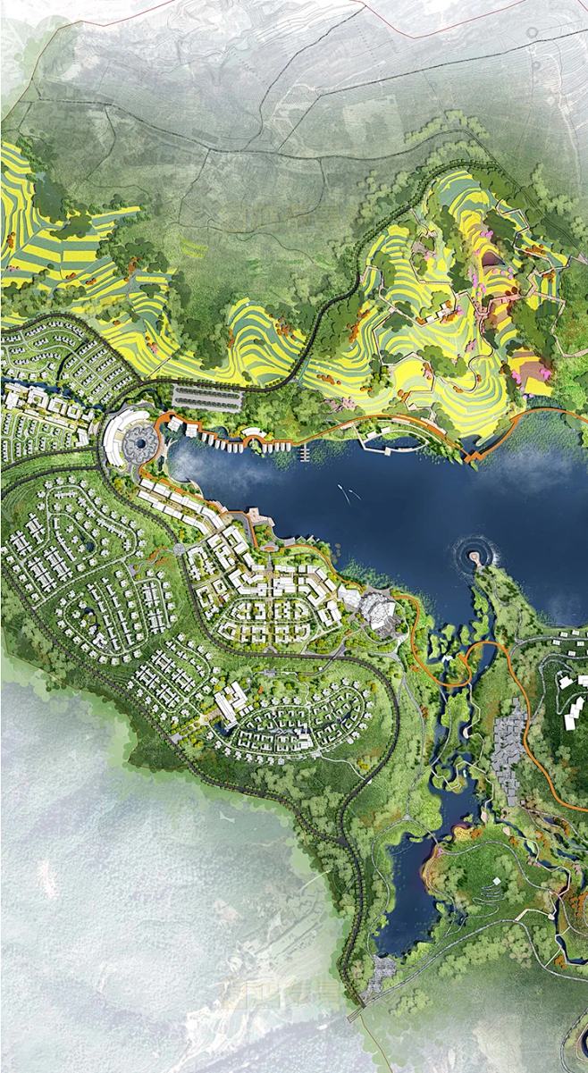 2022新旅游小镇规划彩平psd素材滨水景观山体公园彩平总图PS素材_4829848678-花瓣网