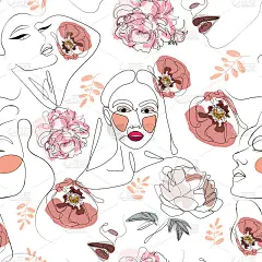 无缝模式与女人的脸线艺术肖像与花。女性的面部表情。手绘线性女人在帽子剪影背景。矢量图
